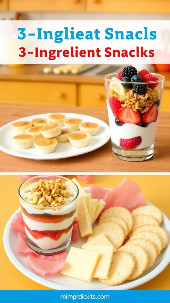 Three easy 3-ingredient snacks: Peanut Butter Banana Bites, Yogurt Fruit Parfaits, and Cheese and Crackers.